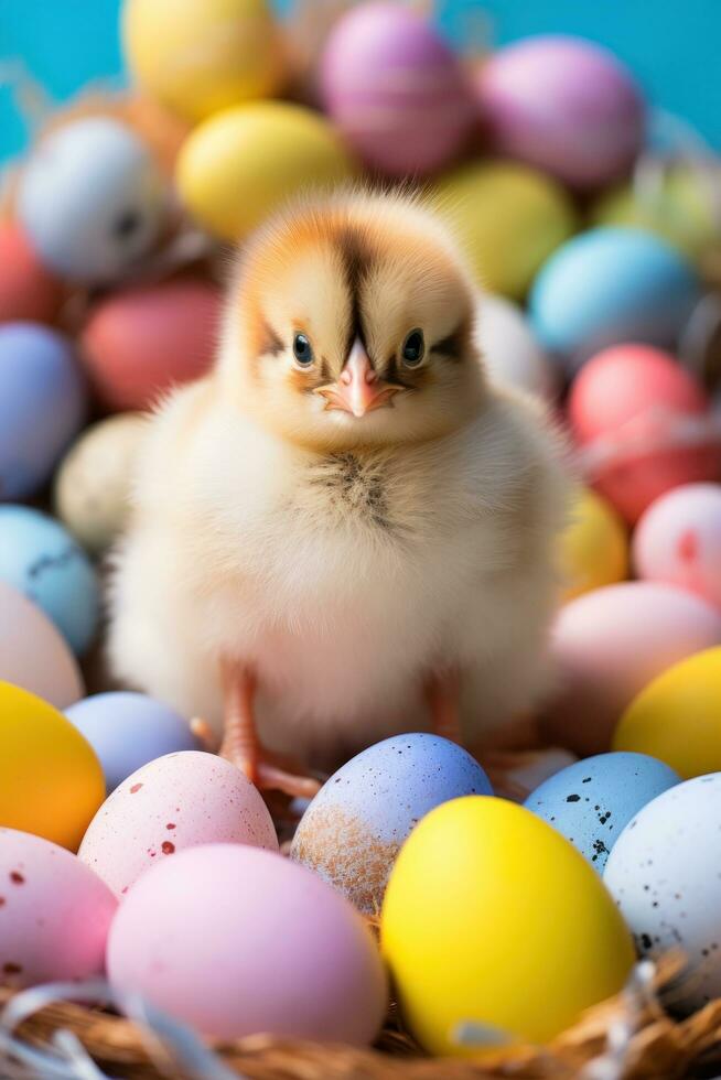 ai generado un bebé polluelo sentado en un nido rodeado por vistoso Pascua de Resurrección huevos. foto