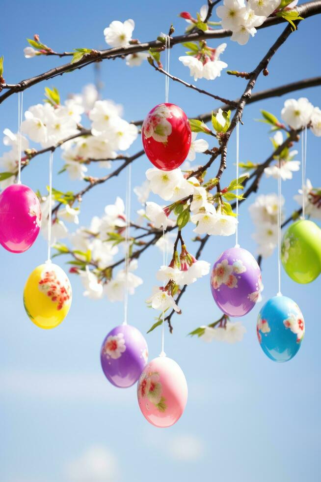 AI generated A stunning photo of a blooming cherry blossom tree with colorful Easter eggs hanging from its branches