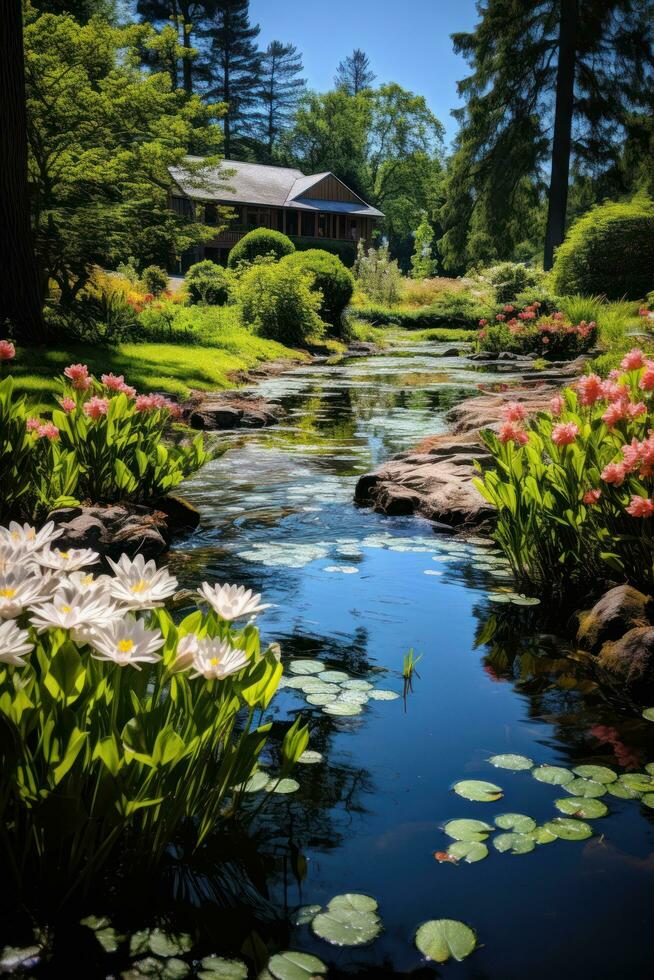 AI generated A tranquil garden with a small pond, colorful flowers, and a clear blue sky in the background photo