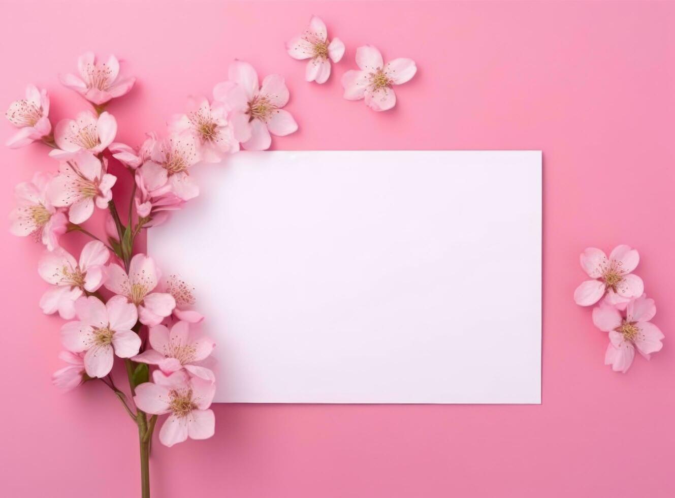 ai generado blanco tarjeta con rosado flores en rosado antecedentes foto