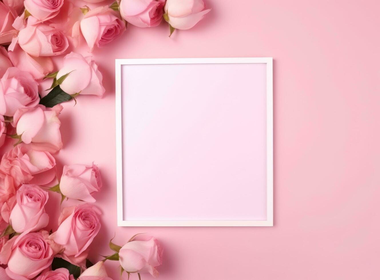 AI generated frame with pink flowers and blank sheet on a pink background photo
