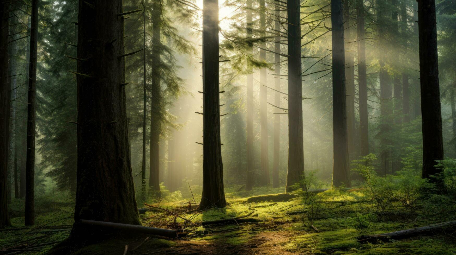 AI generated A tranquil forest with tall trees, dappled sunlight, and a misty morning fog photo