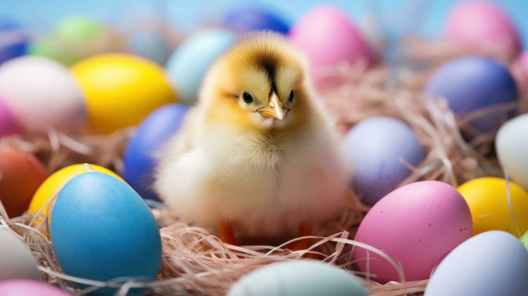 ai generado un bebé polluelo sentado en un nido rodeado por vistoso Pascua de Resurrección huevos. foto