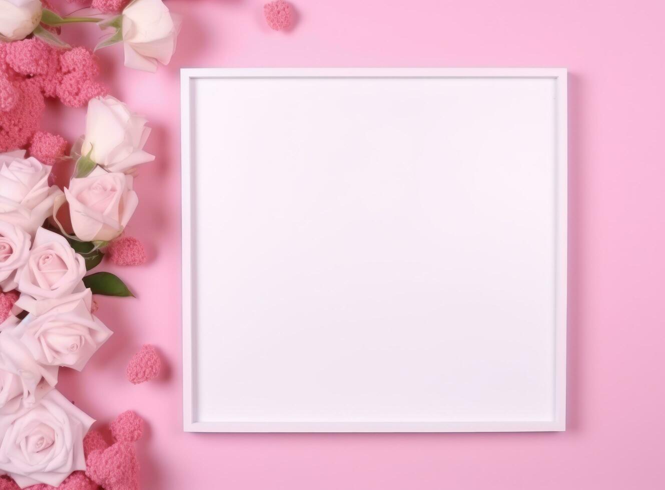 AI generated frame with pink flowers and blank sheet on a pink background photo