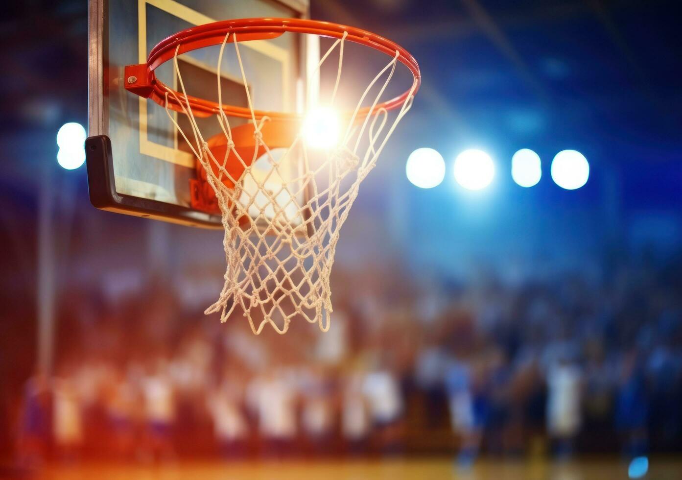 ai generado baloncesto remojar desde cesta red en baloncesto campo foto