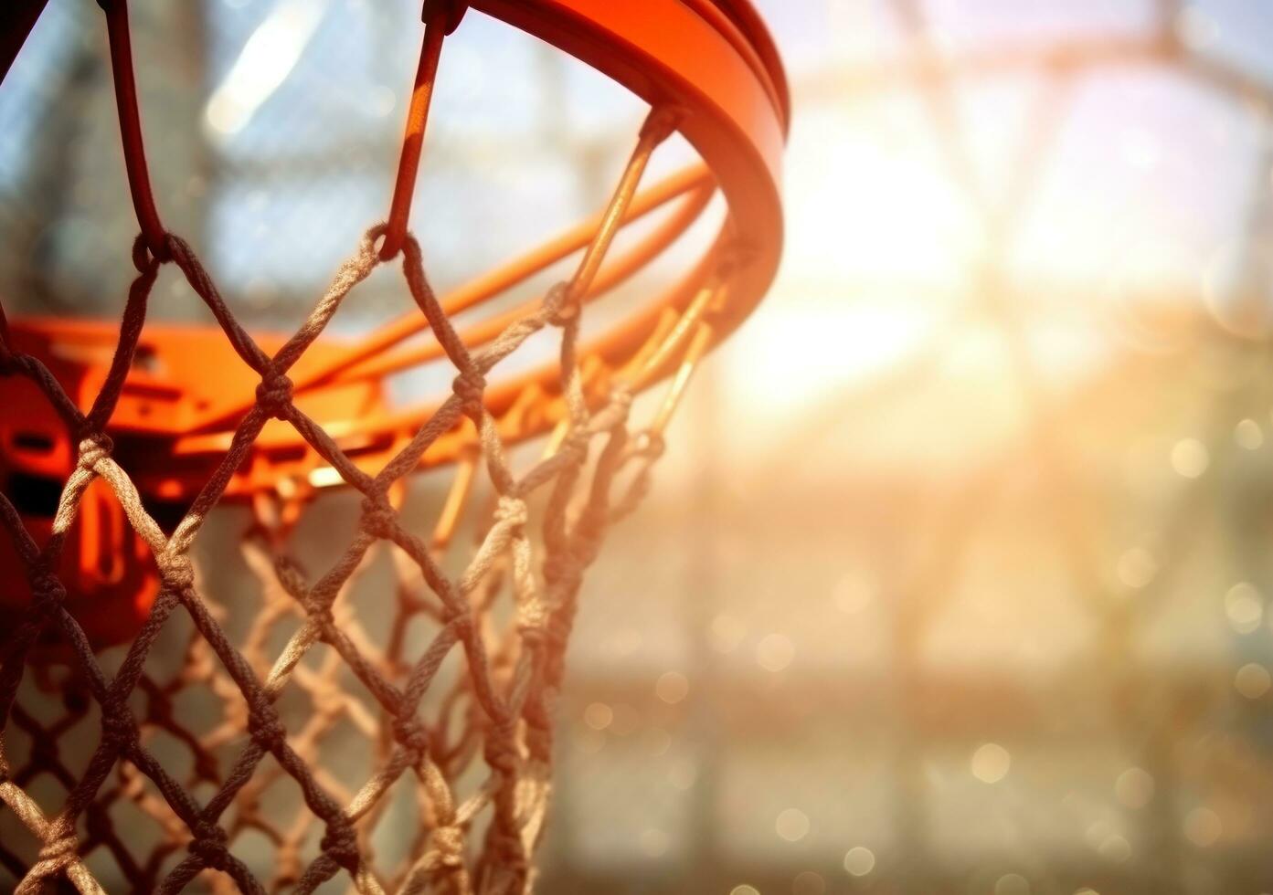 ai generado baloncesto remojar desde cesta red en baloncesto campo foto