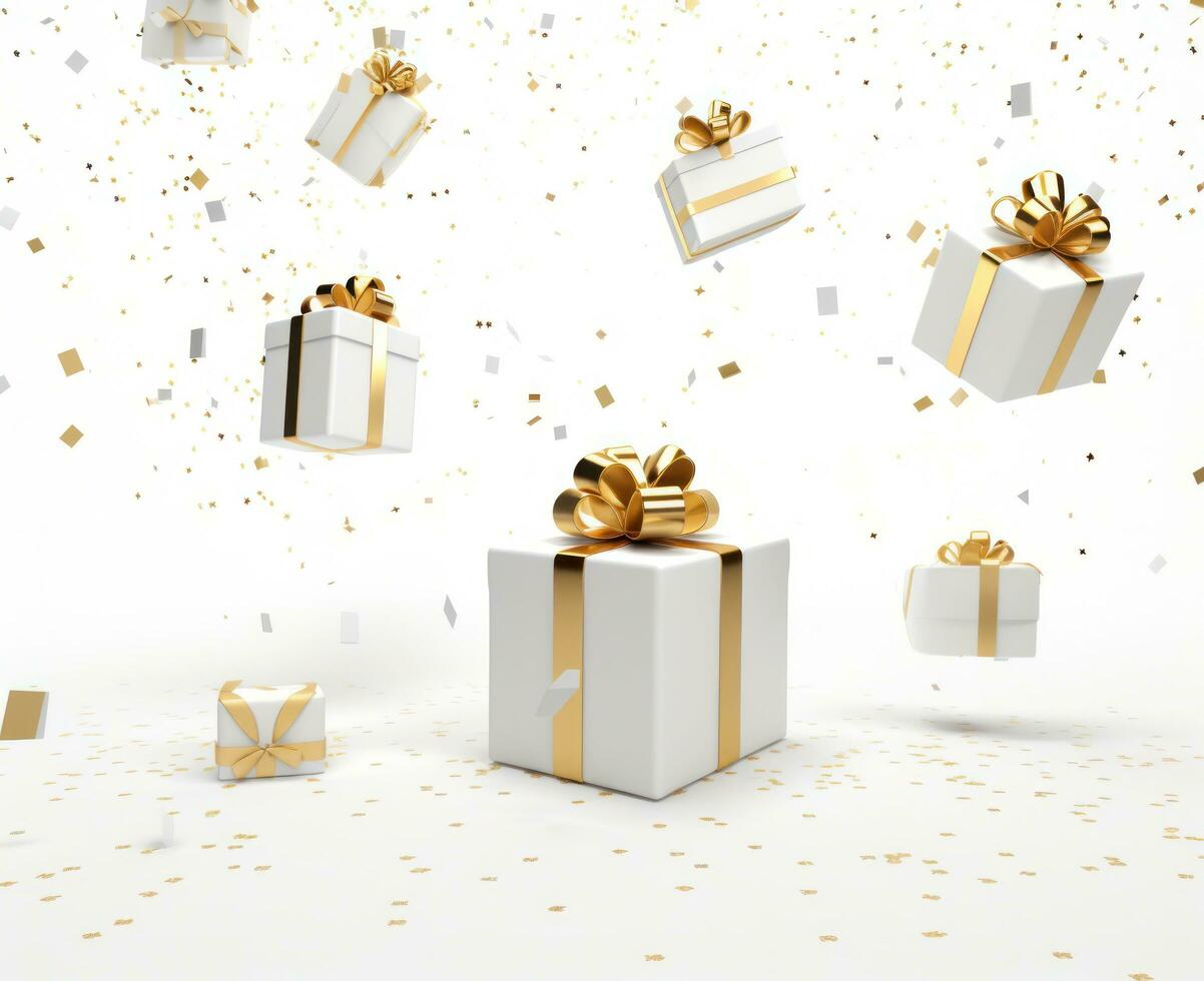 AI generated gifts floating on white background with gold confetti scattering photo
