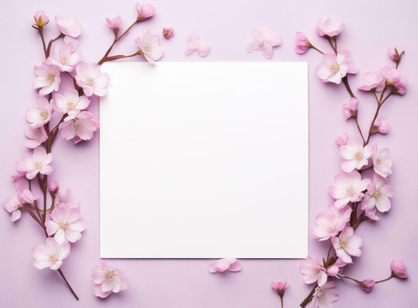 AI generated white blank paper square and pink flowers photo