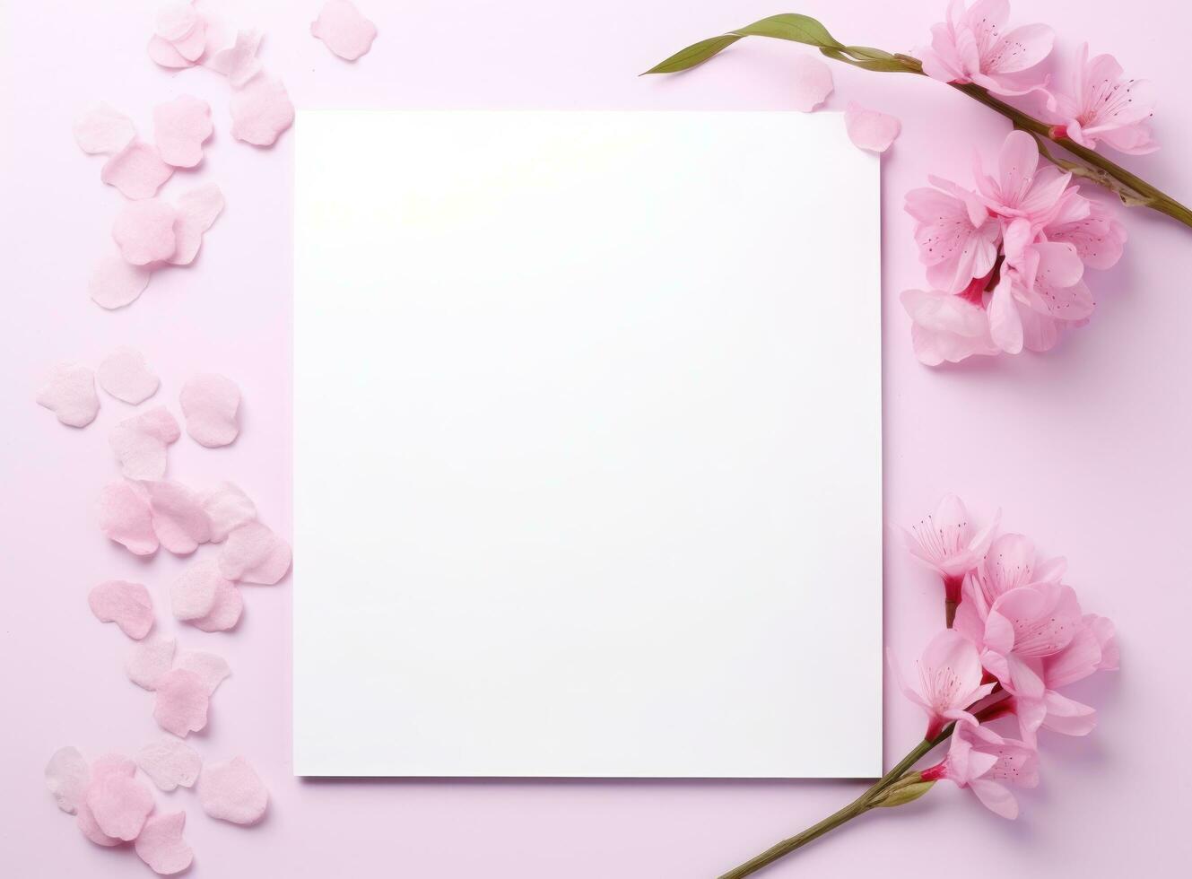 AI generated white blank paper square and pink flowers photo
