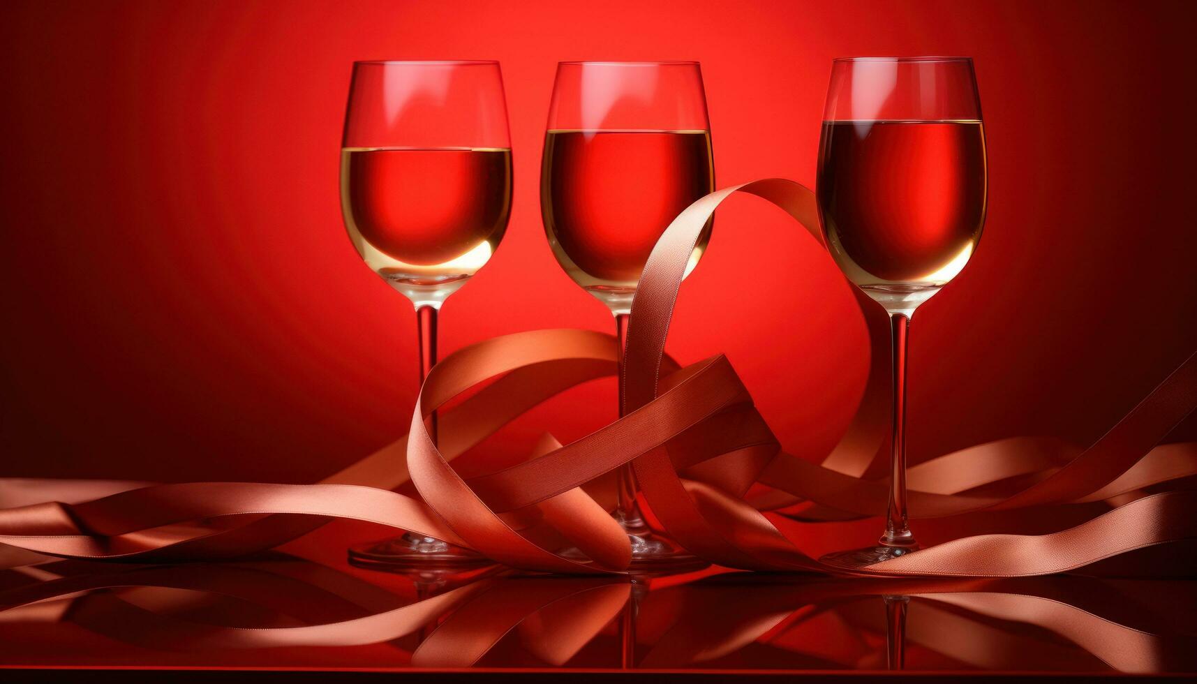 ai generado corazón forma vino lentes y rosas, terminado un rojo antecedentes con rojo terciopelo foto