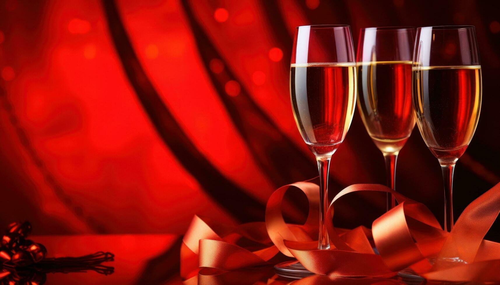 AI generated heart shape wine glasses and roses, over a red background with red velvet photo