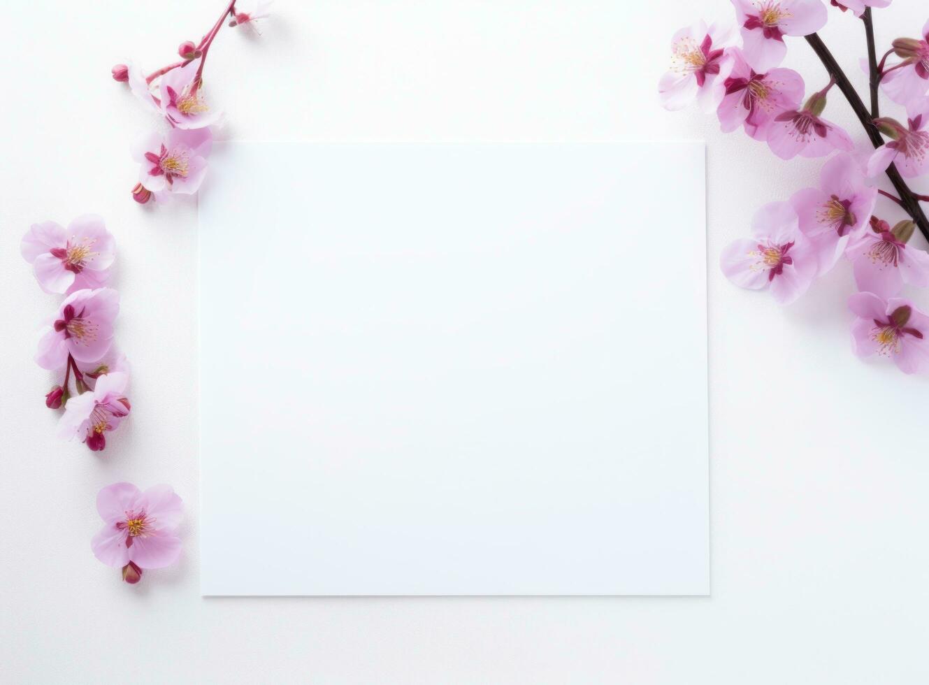 AI generated white blank paper square and pink flowers photo