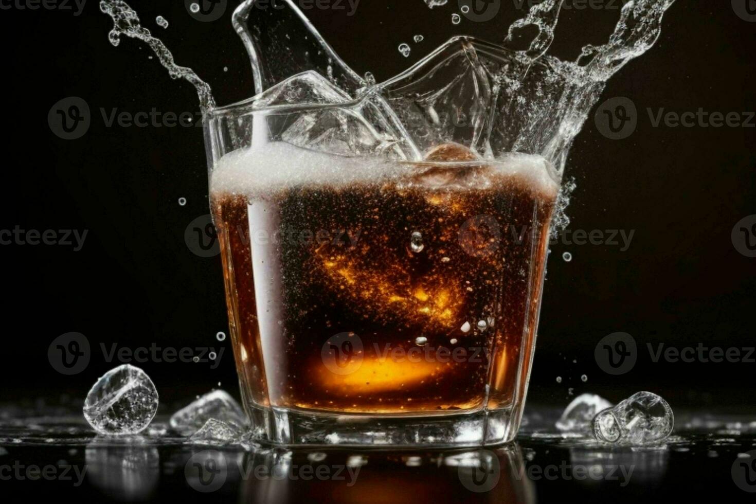 AI generated Cola splash with ice cubes. Pro Photo