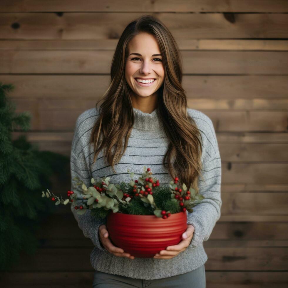 AI generated woman wearing red sweater holding wooden planter, photo