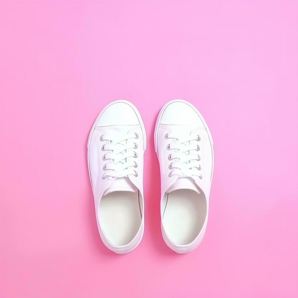 AI generated white sneakers on pink background footwear photo