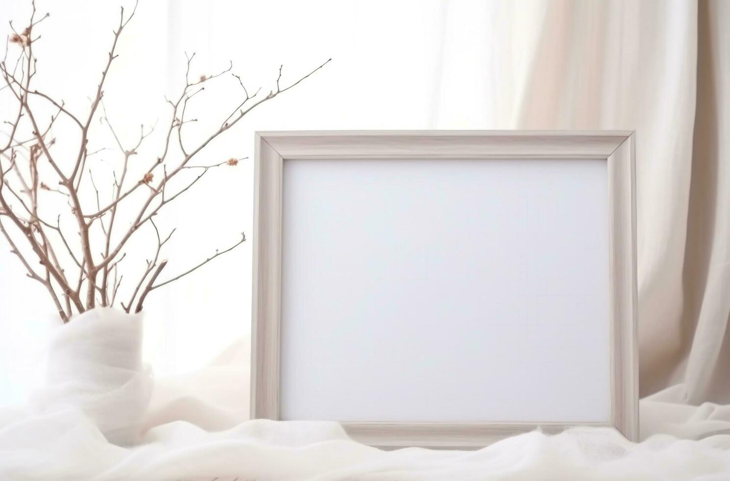 AI generated white frame and cotton branches in white background, photo