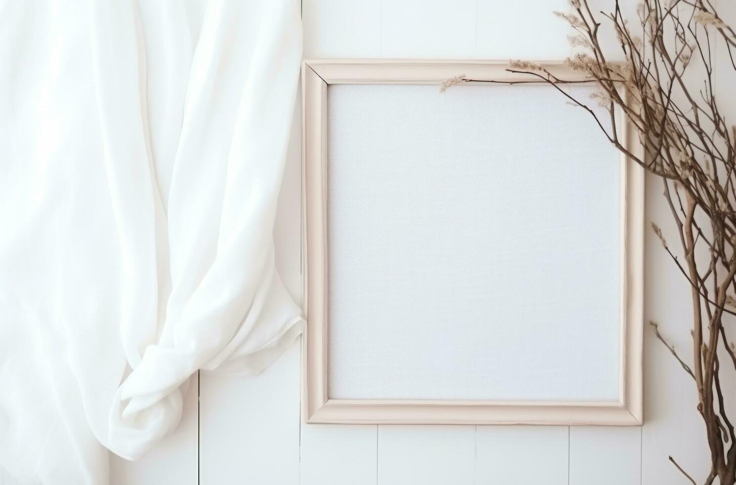 AI generated white frame and cotton branches in white background, photo
