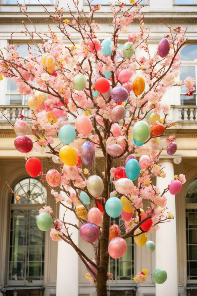 AI generated A stunning photo of a blooming cherry blossom tree with colorful Easter eggs hanging from its branches