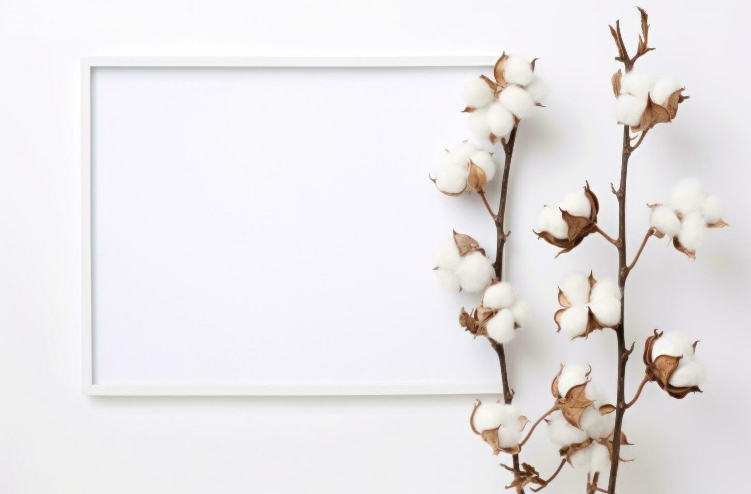 AI generated white frame and cotton branches in white background, photo