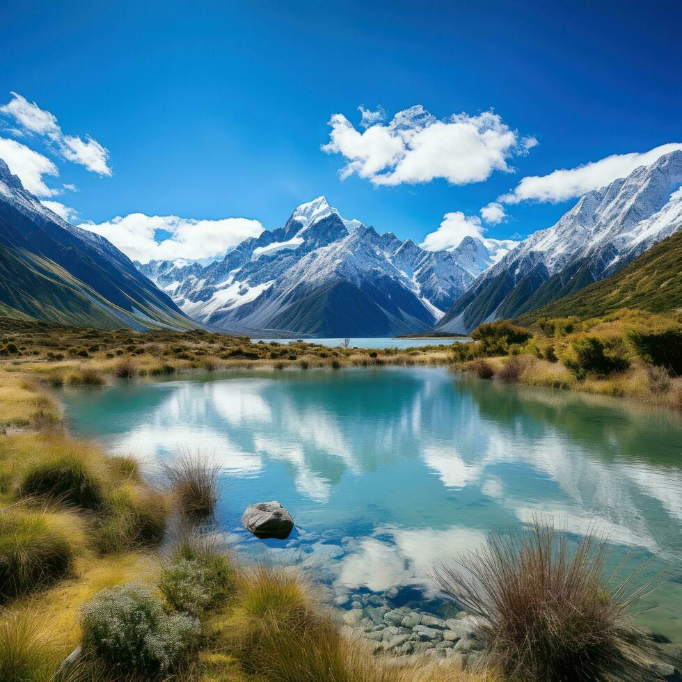 AI generated A serene mountain range with snow-capped peaks, a clear blue sky, and a tranquil lake in the foreground. photo