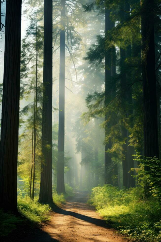 AI generated A tranquil forest with tall trees, dappled sunlight, and a misty morning fog photo