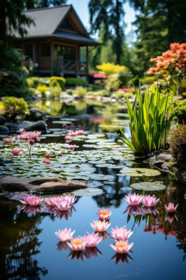 AI generated A tranquil garden with a small pond, colorful flowers, and a clear blue sky in the background photo