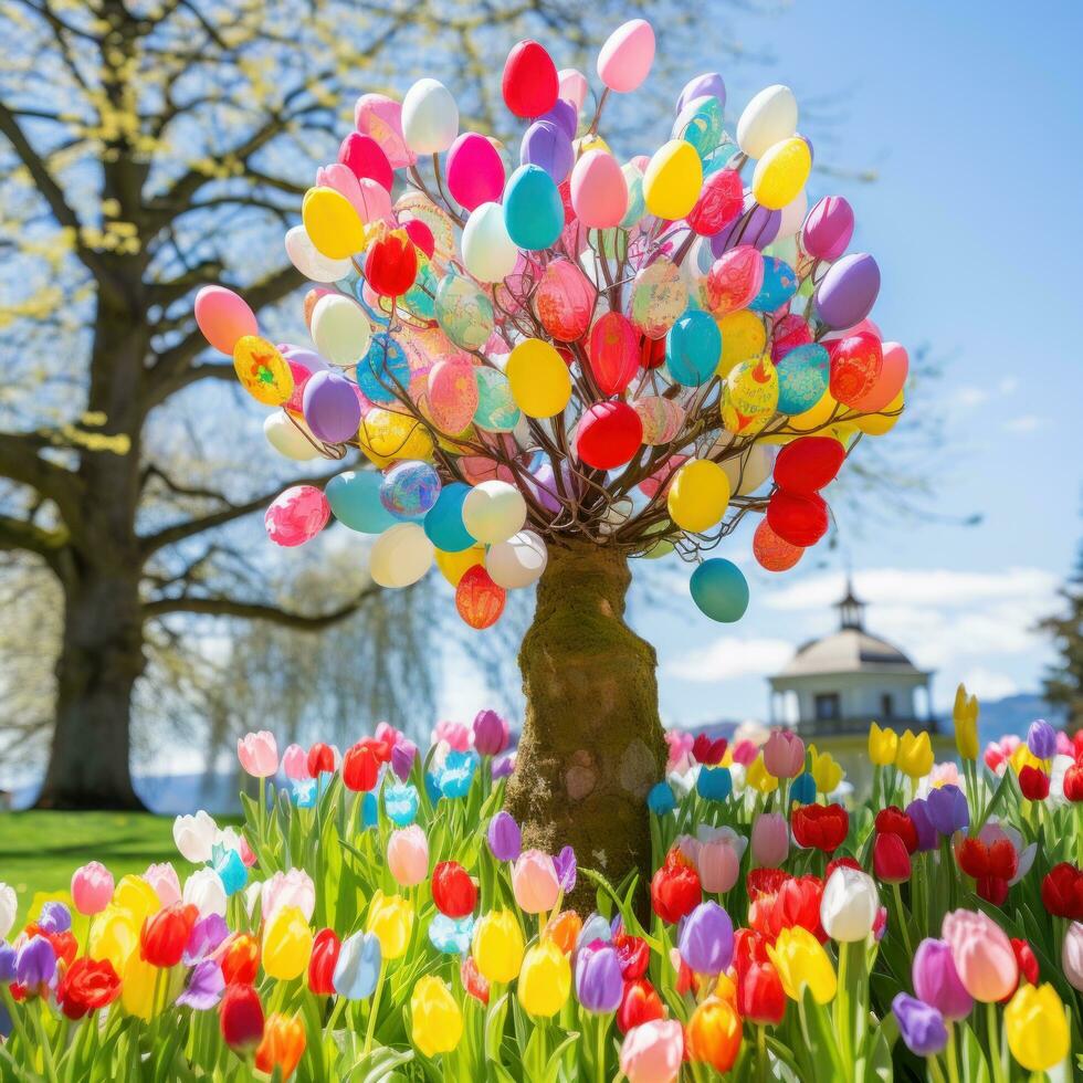 AI generated A picturesque outdoor scene featuring a decorated Easter egg tree and colorful tulips in bloom photo