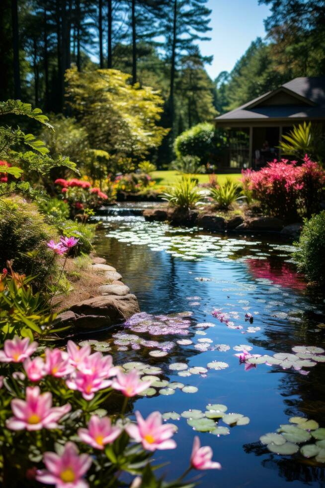 AI generated A tranquil garden with a small pond, colorful flowers, and a clear blue sky in the background photo