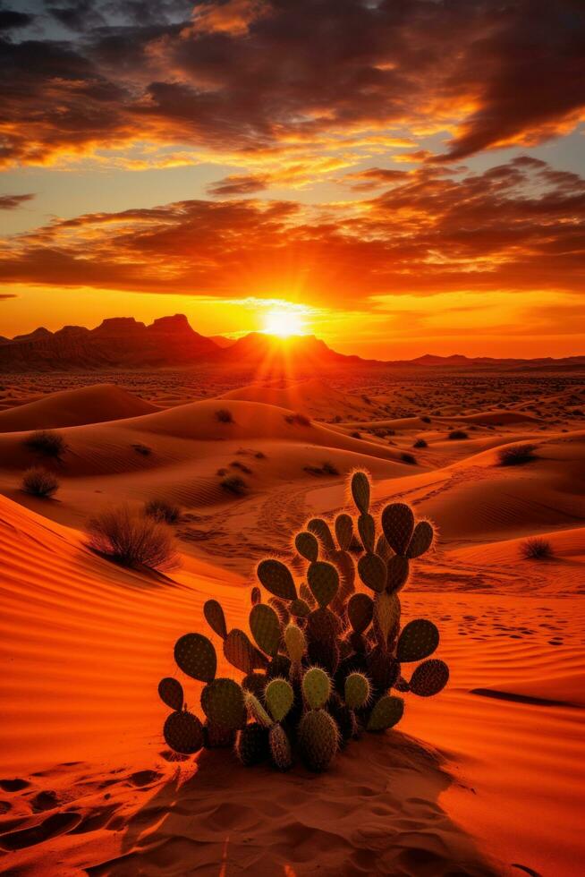 AI generated A peaceful desert landscape with sand dunes, a vivid orange sunset, and a few cacti in the foreground photo