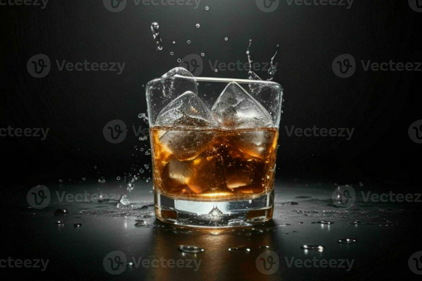 AI generated Rum splash with ice cubes. Pro Photo