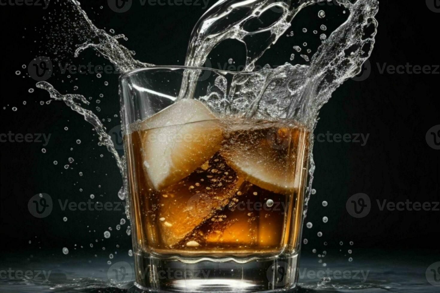 AI generated Rum splash with ice cubes. Pro Photo