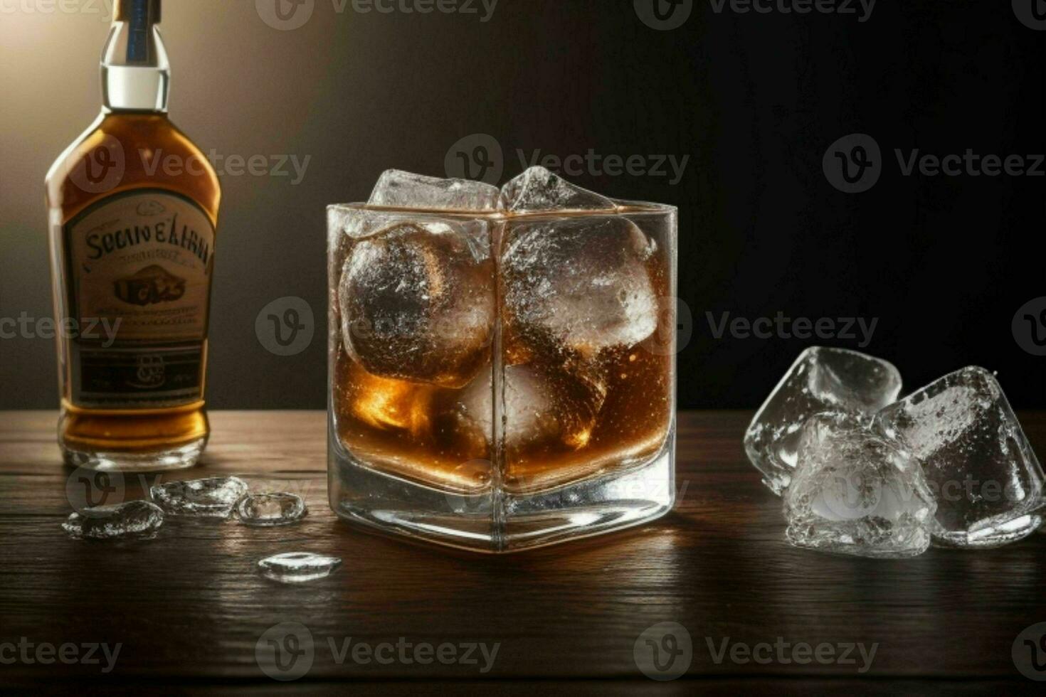 AI generated Rum splash with ice cubes. Pro Photo