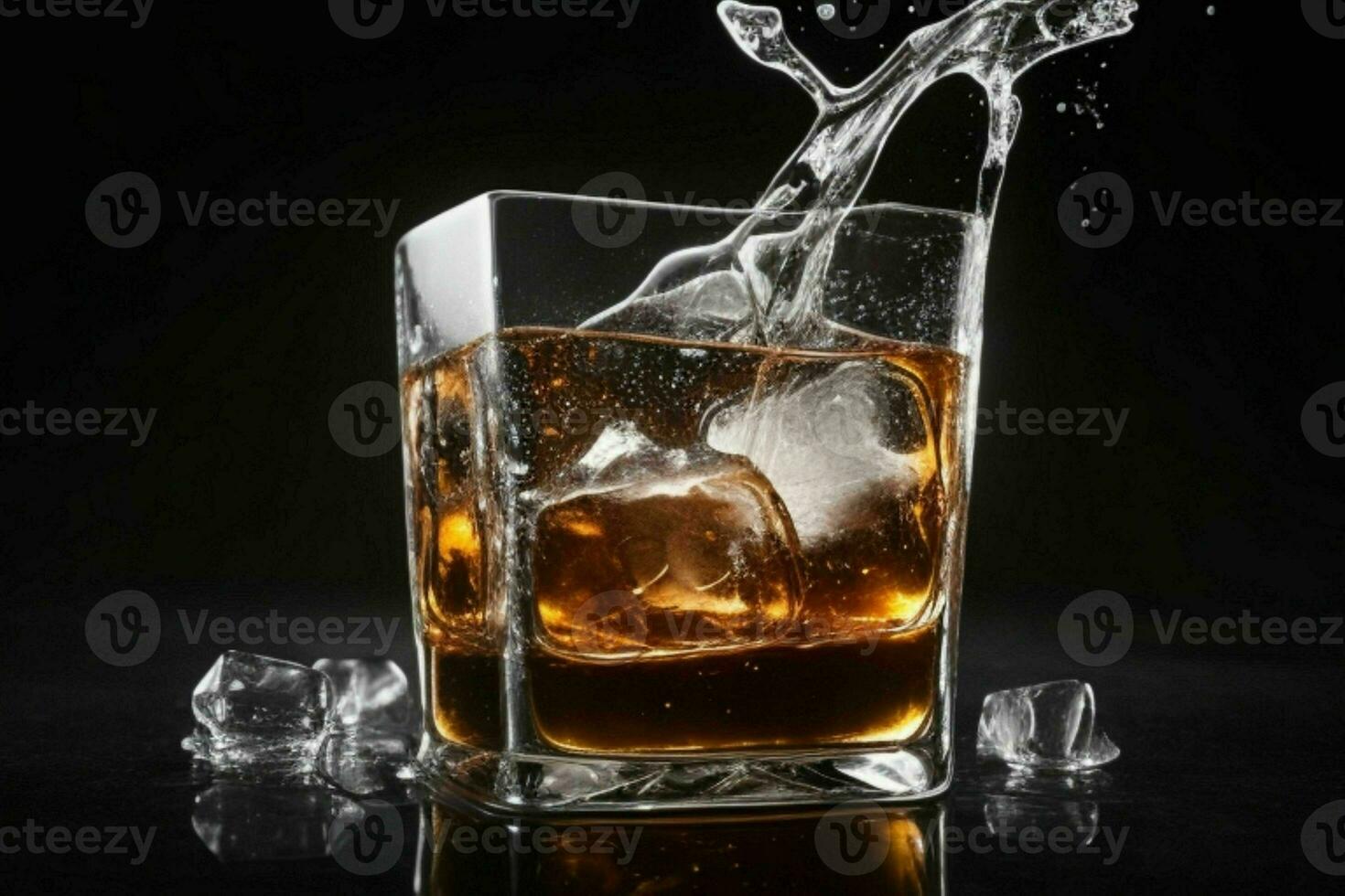 AI generated whiskey splash with ice cubes. Pro Photo