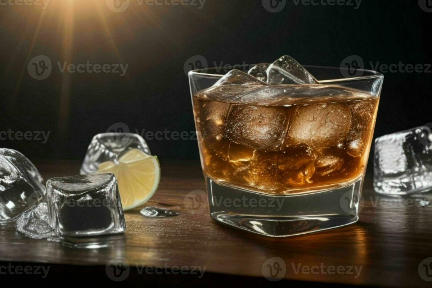 AI generated Rum splash with ice cubes. Pro Photo