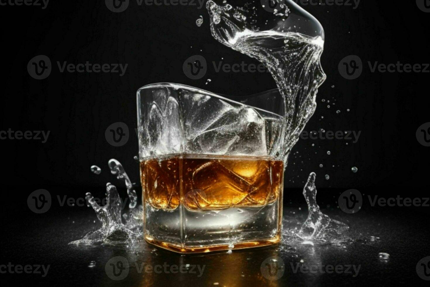 AI generated whiskey splash with ice cubes. Pro Photo