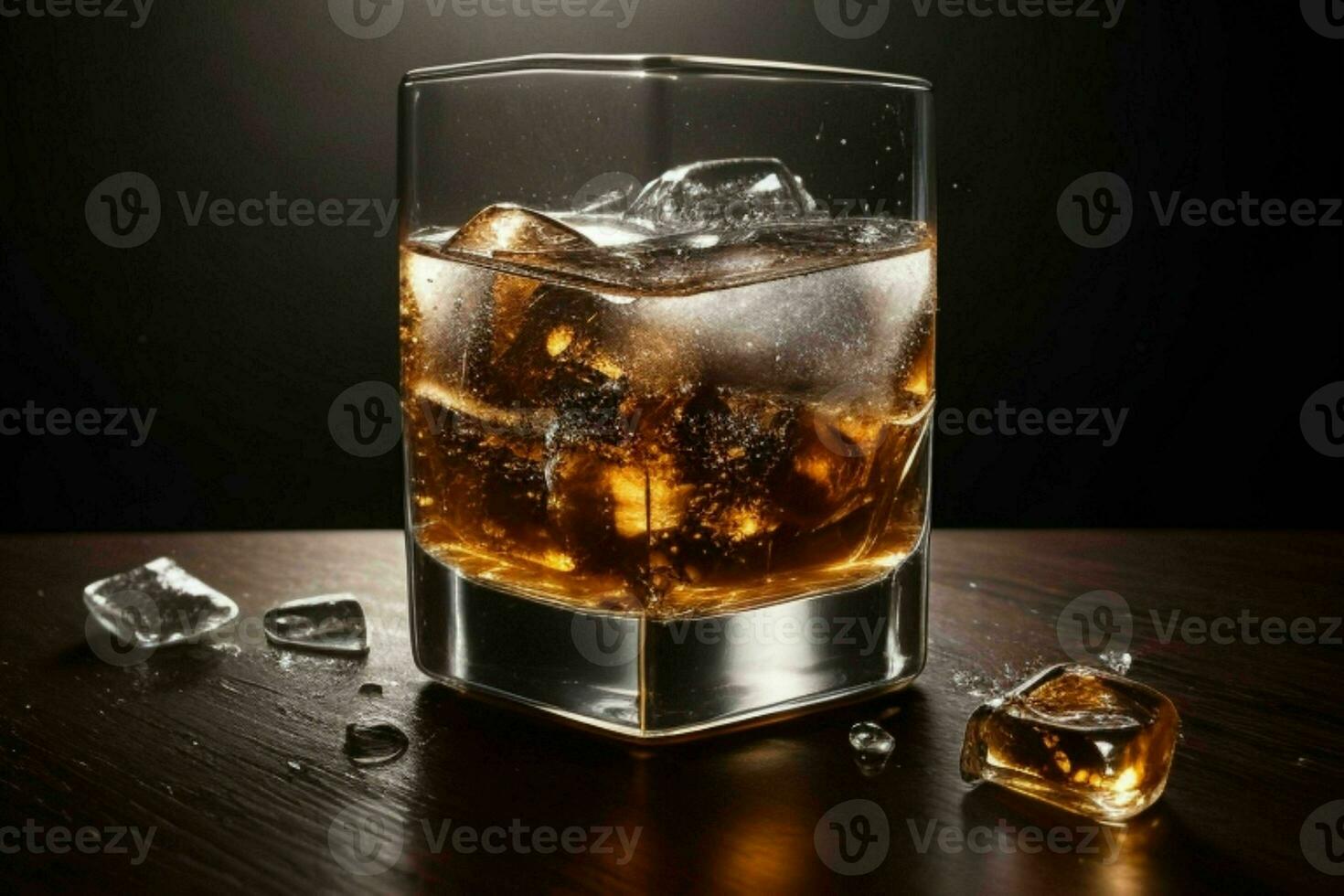 AI generated Rum splash with ice cubes. Pro Photo