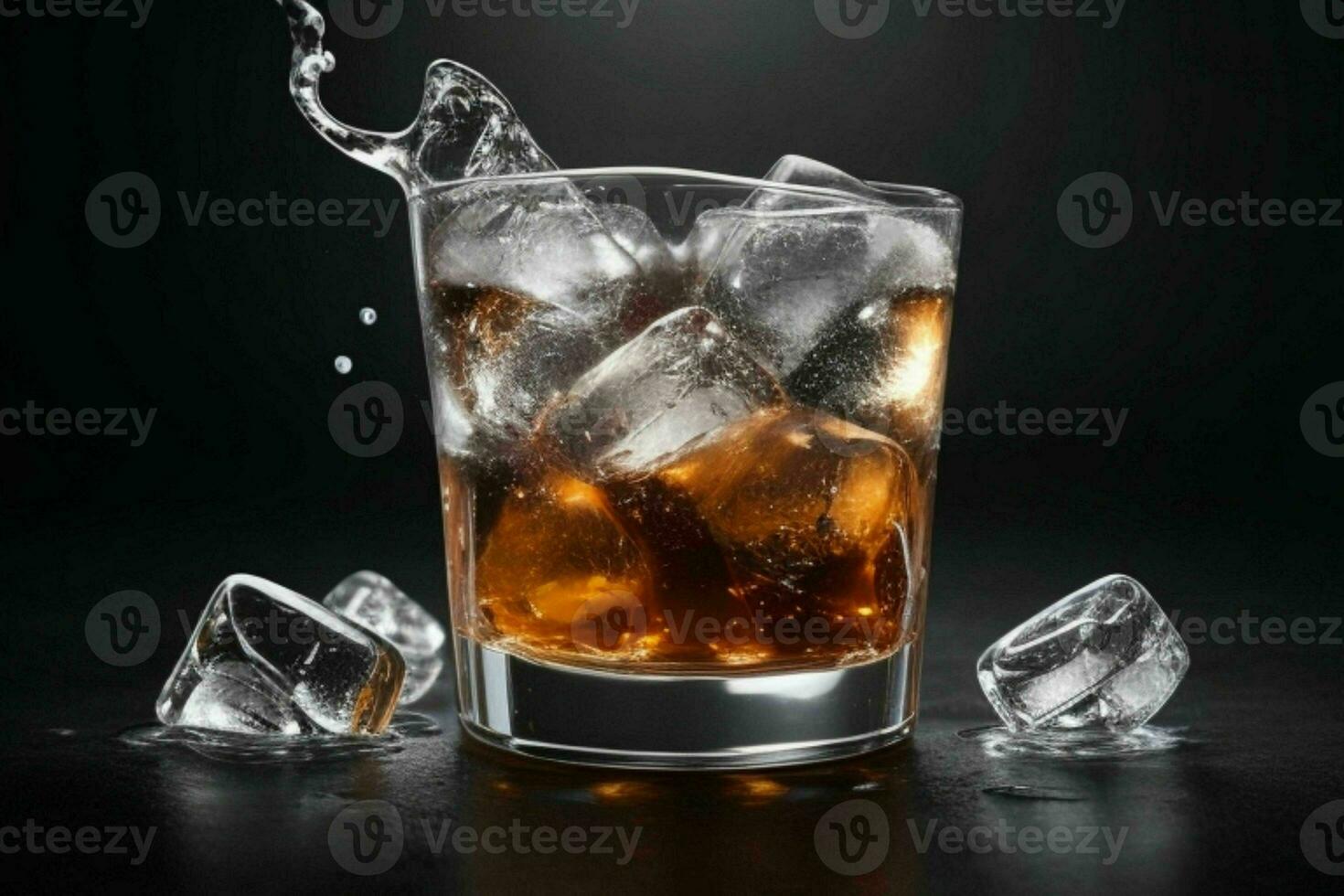 AI generated Rum splash with ice cubes. Pro Photo