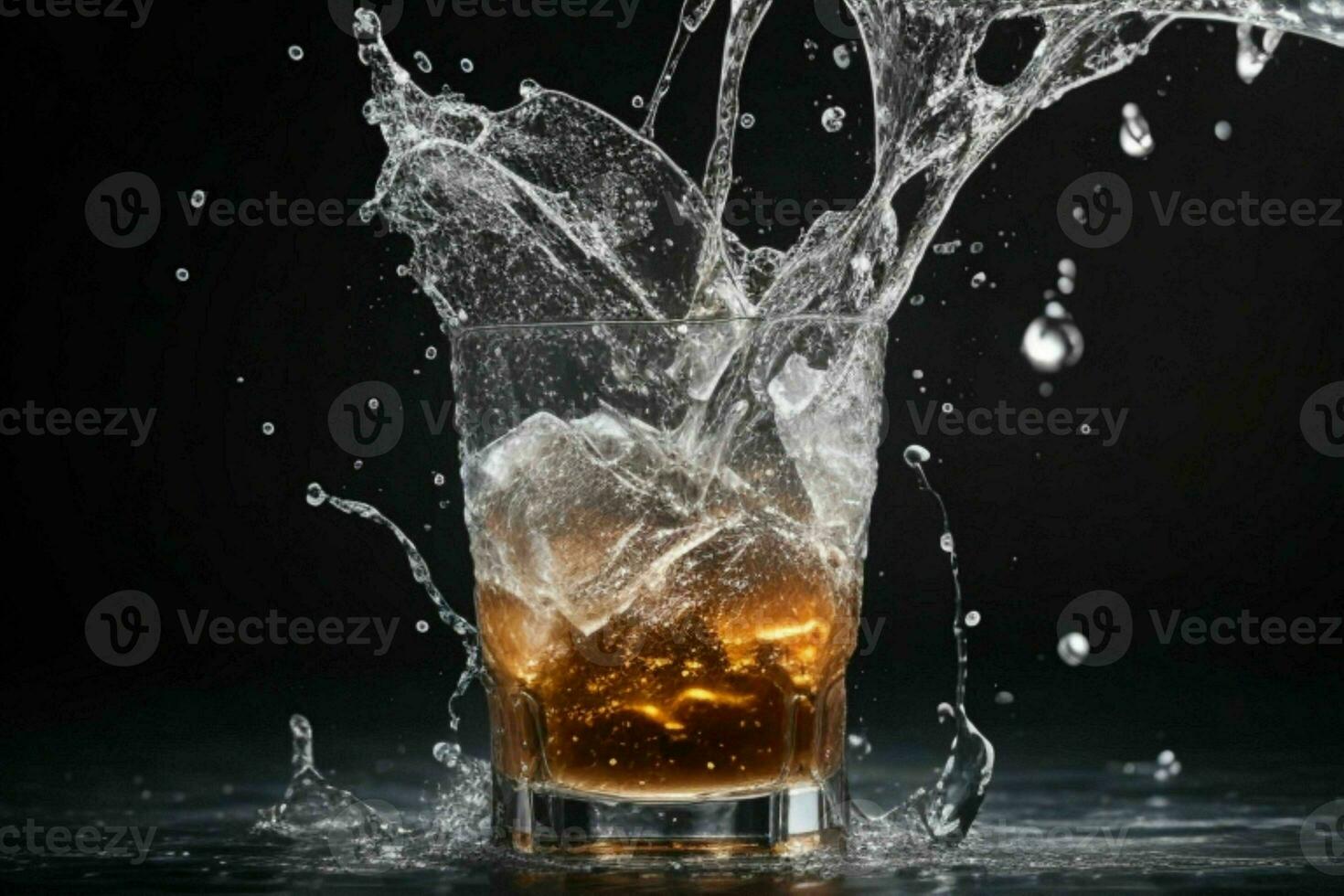 AI generated Rum splash with ice cubes. Pro Photo