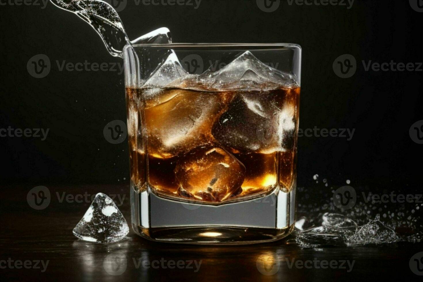 AI generated whiskey splash with ice cubes. Pro Photo