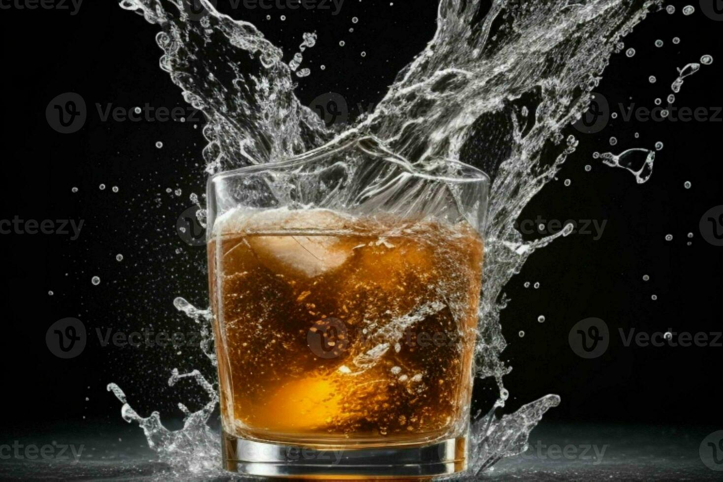 AI generated Rum splash with ice cubes. Pro Photo