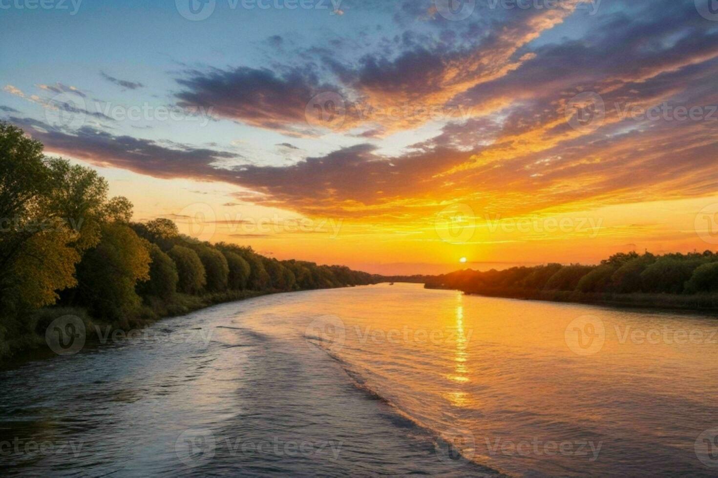 AI generated Golden hour sunset on the river. Pro Photo
