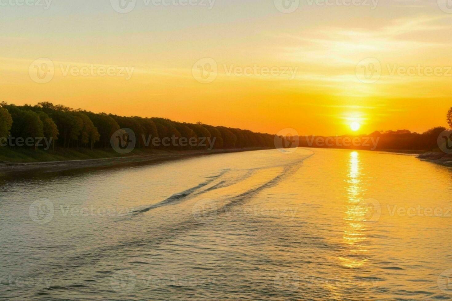 ai generado dorado hora puesta de sol en el lago. Pro foto
