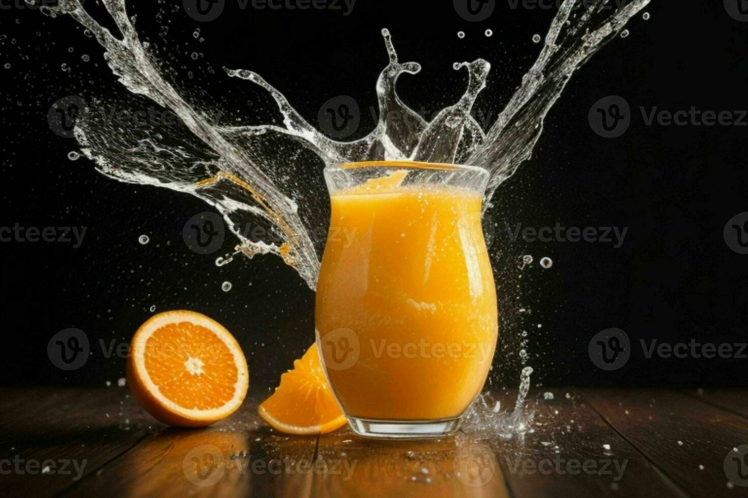 ai generado naranja jugo chapoteo con hielo cubitos. Pro foto