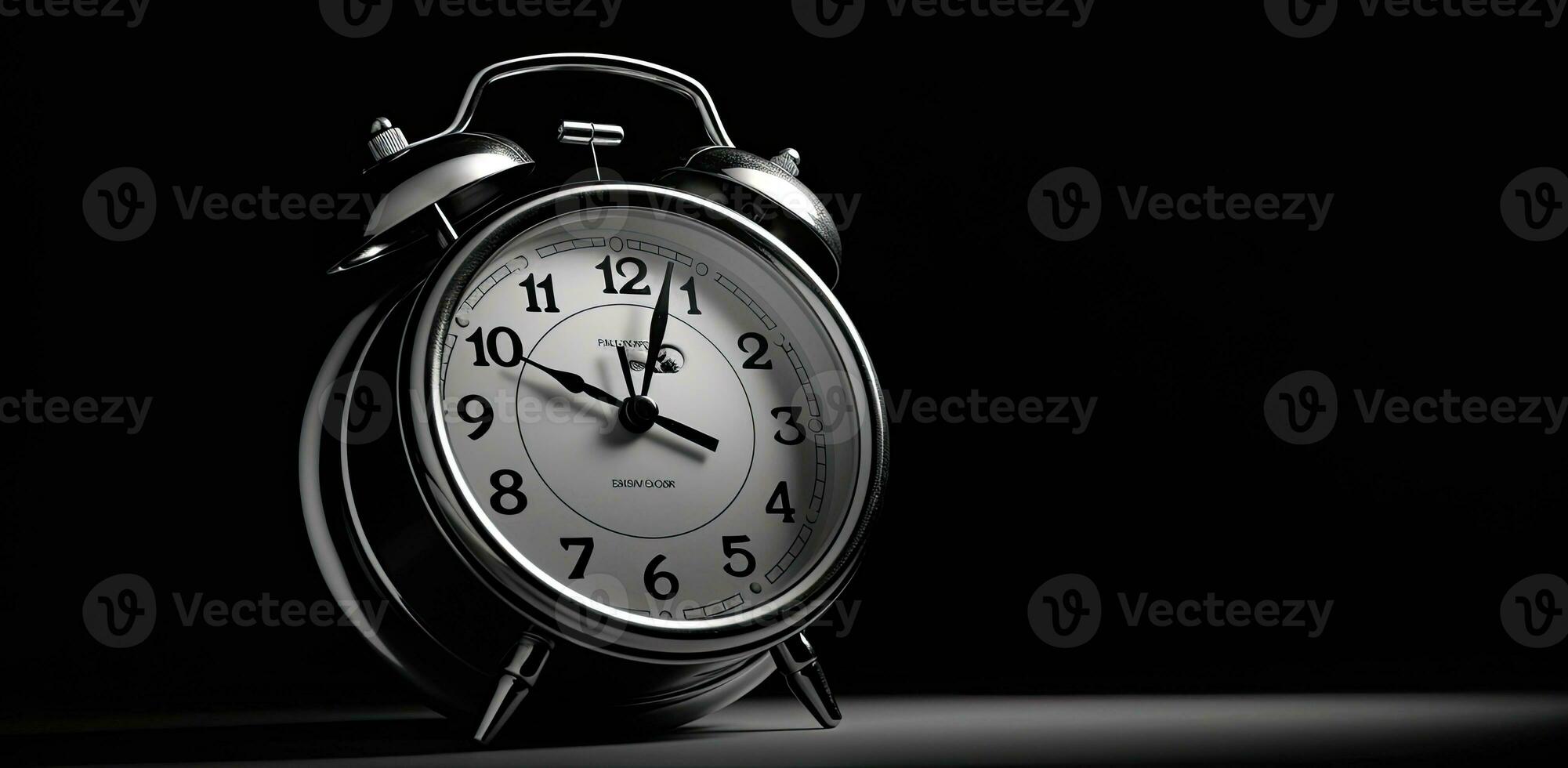 AI Generated Black round old alarm clock on black background photo