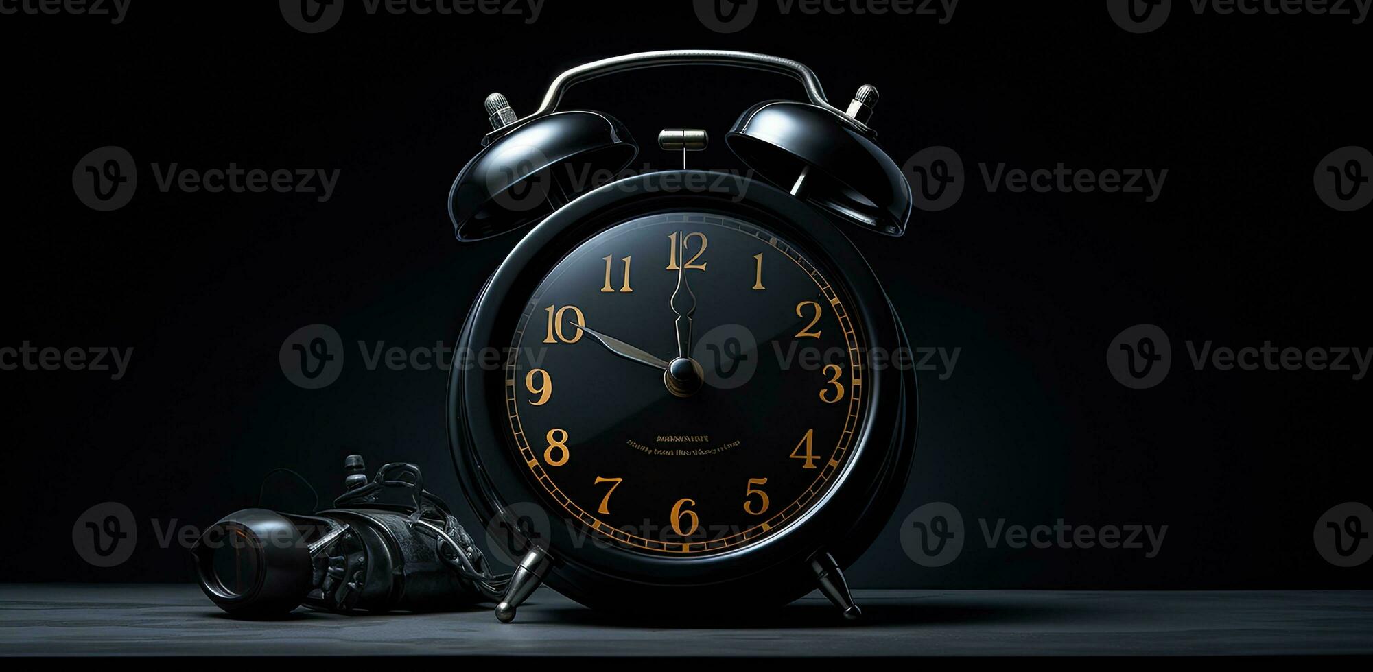 AI Generated Black round old alarm clock on black background photo