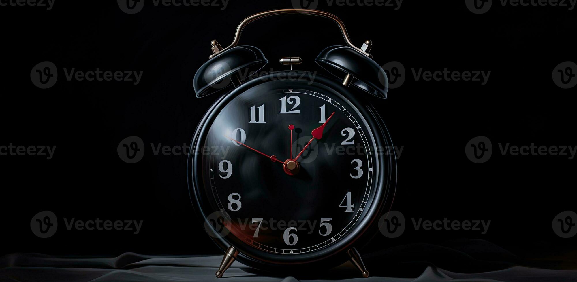 ai generado negro redondo antiguo alarma reloj en negro antecedentes foto