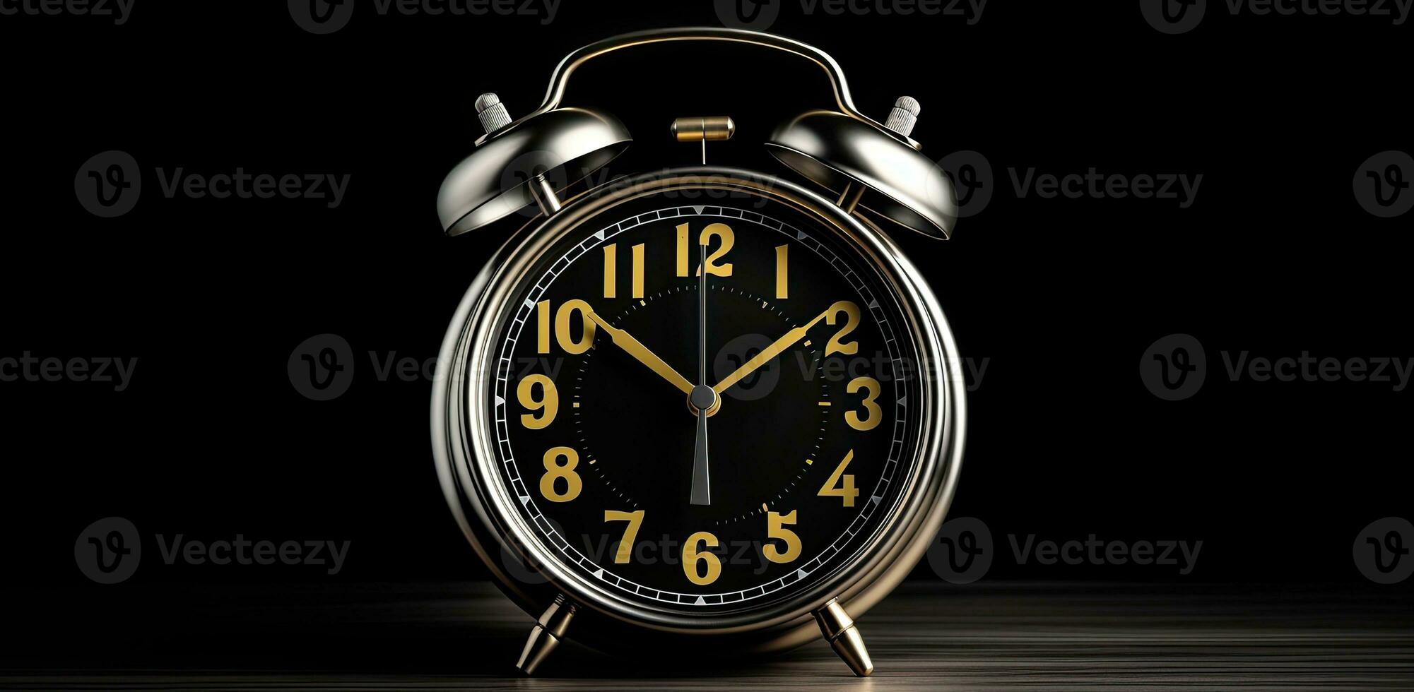 AI Generated Black round old alarm clock on black background photo