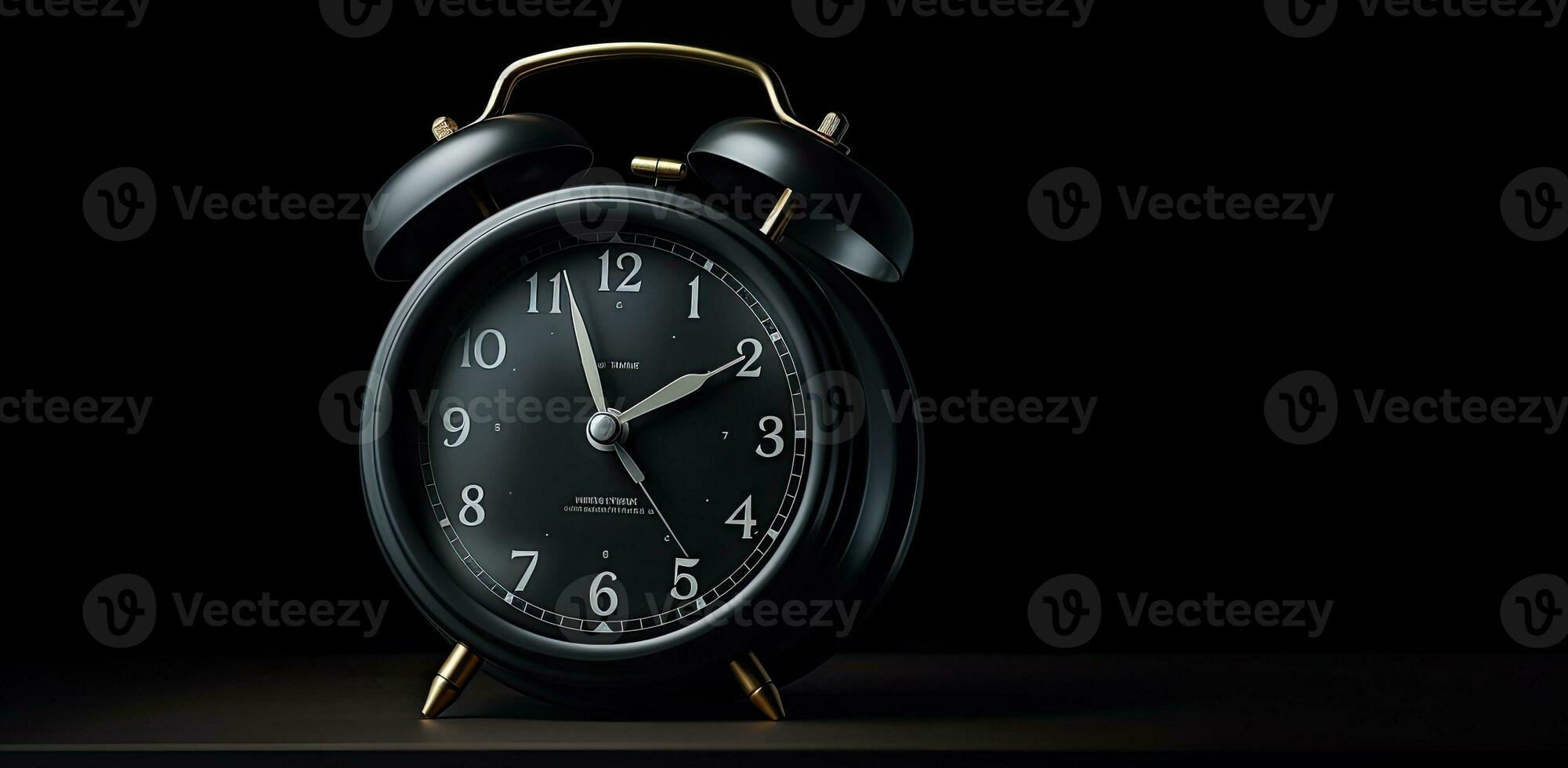 ai generado negro redondo antiguo alarma reloj en negro antecedentes foto