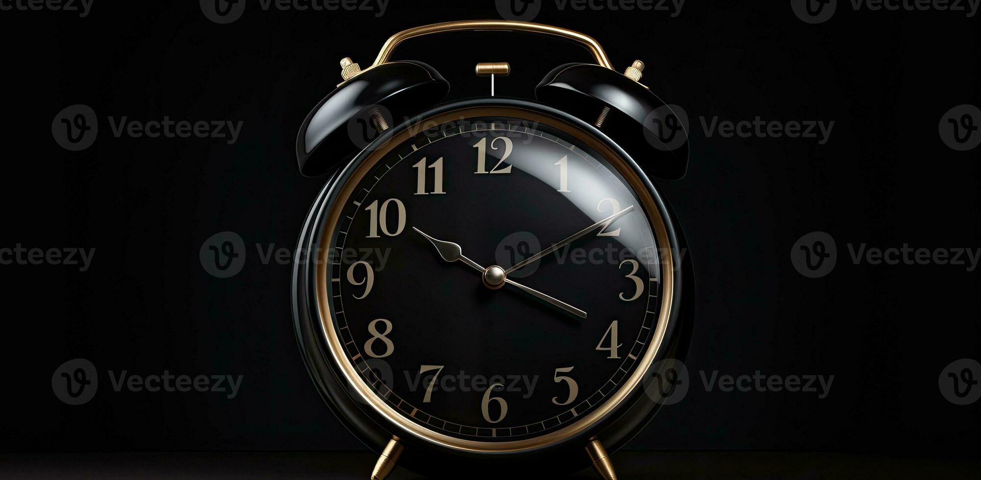 AI Generated Black round old alarm clock on black background photo