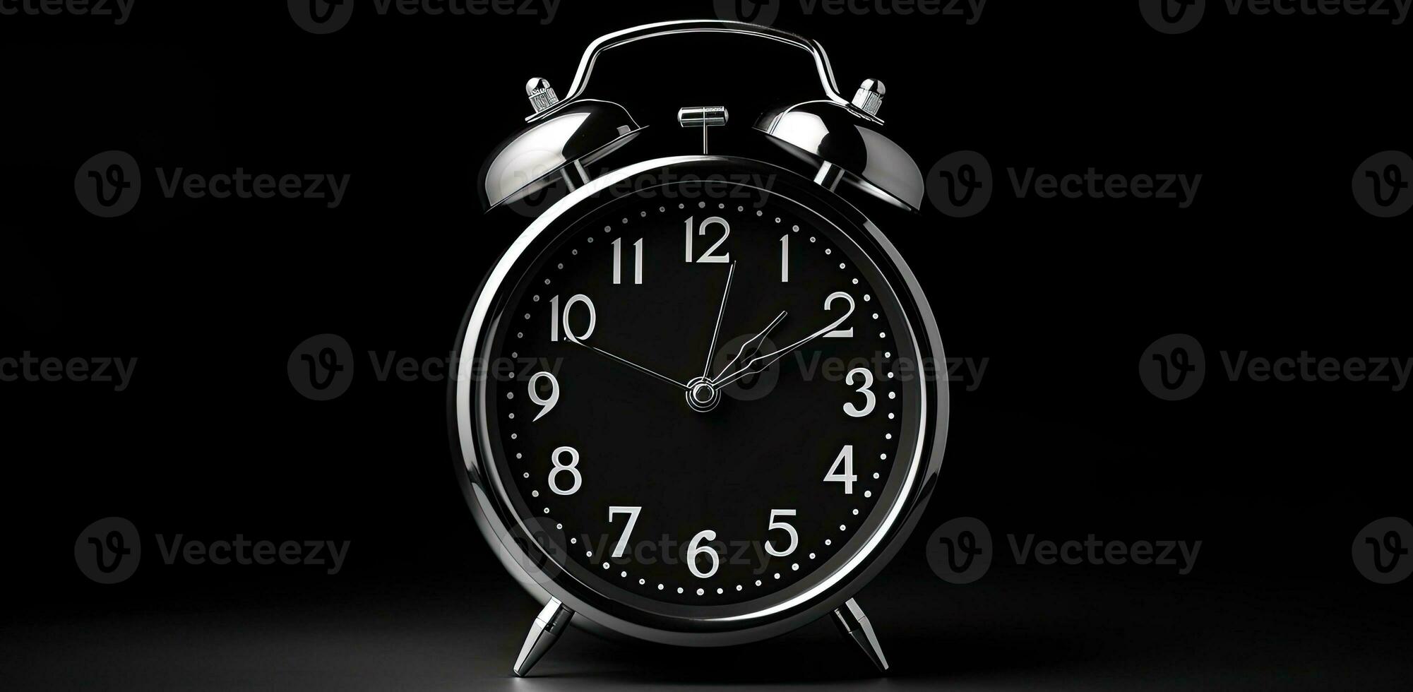 AI Generated Black round old alarm clock on black background photo